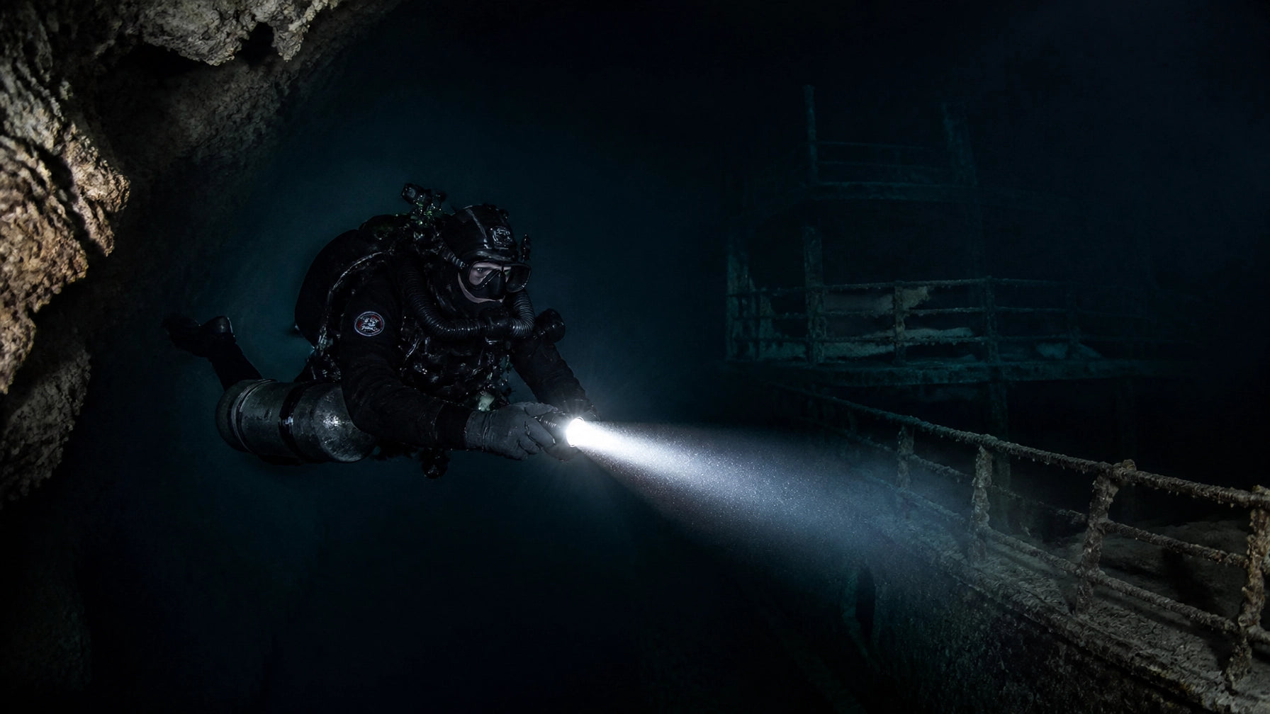 Technischer Taucher in einer Höhle mit einem scharfen Spot-Lichtstrahl