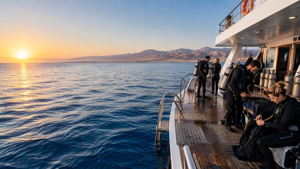 Ein Liveaboard-Tauchboot im Roten Meer bei Sonnenaufgang, Taucher bereiten ihre Ausrüstung auf dem Deck vor