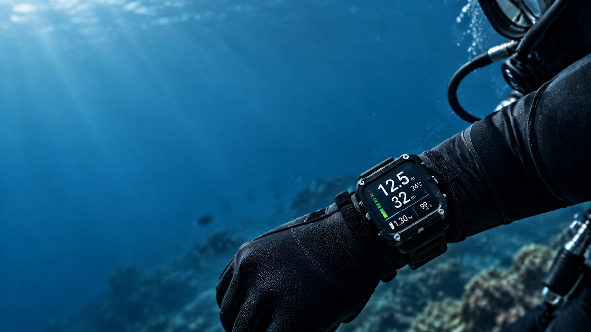 Ein Taucher prüft seinen Tauchcomputer am Handgelenk unter Wasser