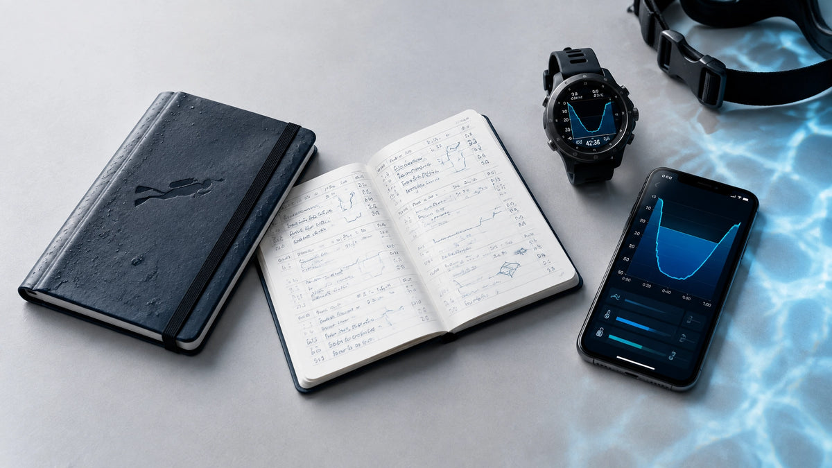 Papierlogbuch, Tauchcomputer und Smartphone zur Dokumentation von Tauchgängen