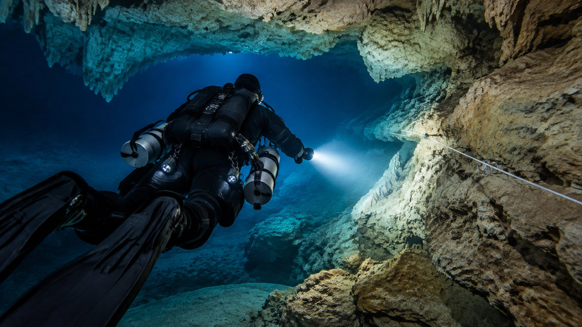 Technischer Taucher mit Sidemount-Ausrüstung und Hauptlampe in einer europäischen Unterwasserhöhle
