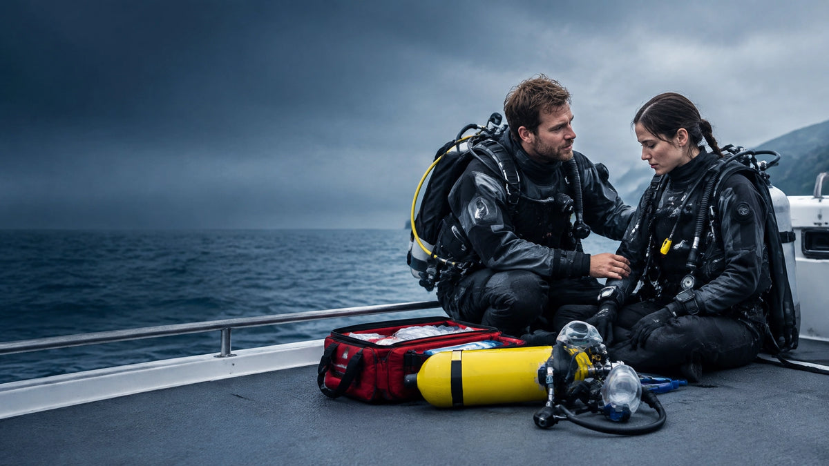 Buddy hilft einem Taucher nach dem Tauchgang mit Sauerstoff auf einem Boot