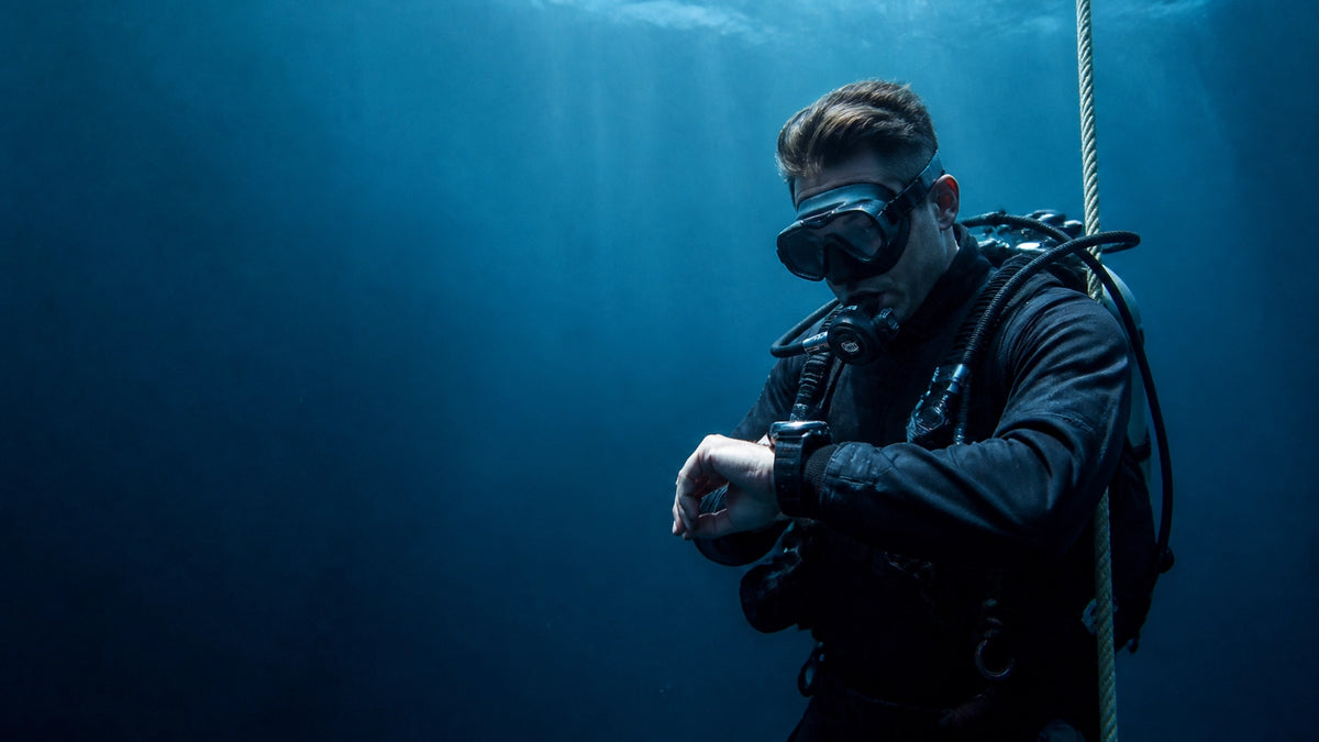 Taucher prüft seinen Tauchcomputer unter Wasser – Sicherheit und Vorbereitung beim Tauchen