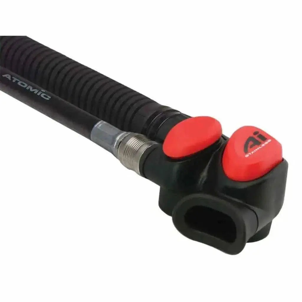 AI Atomic Inflator in stainless steel, red, with push button inflation and deflation system for BCDs.