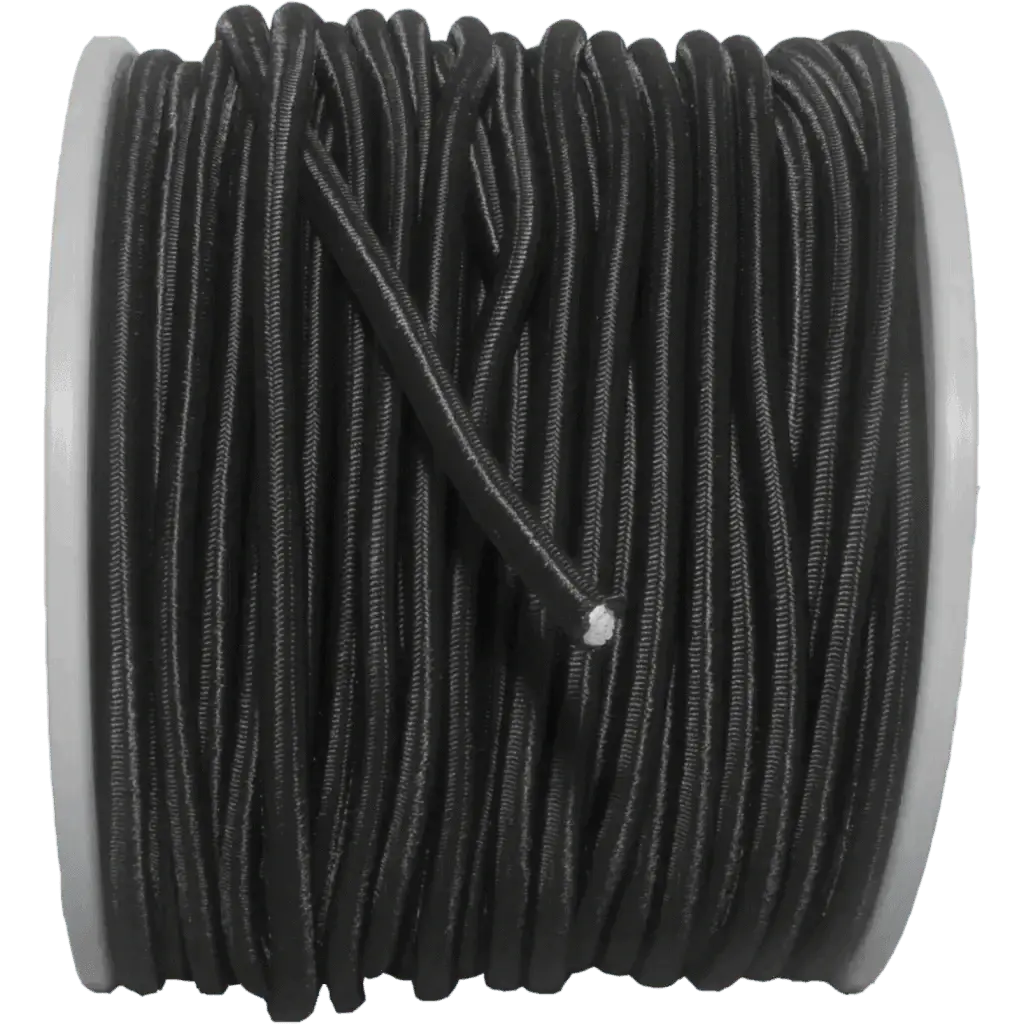 Black 6mm bungee cord on spool, 1 meter length.