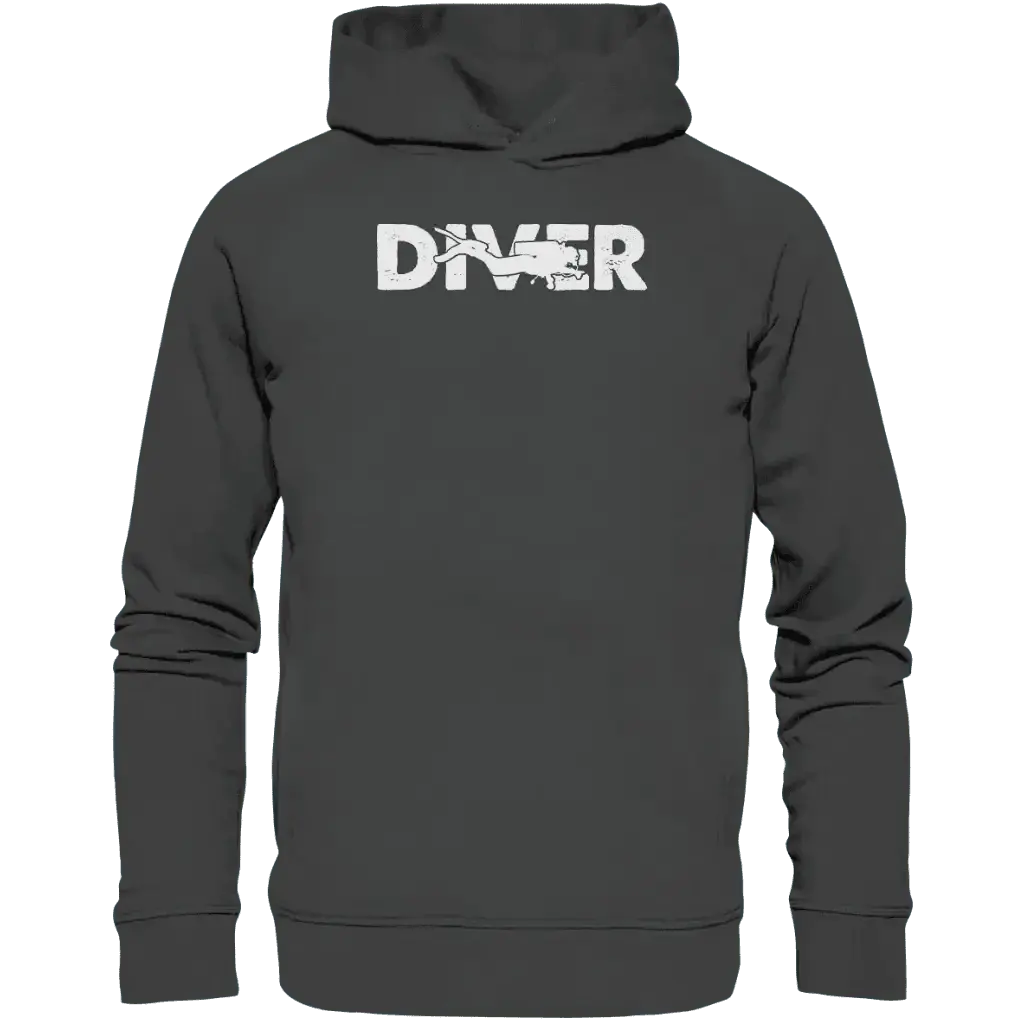 Organic fashion hoodie with "Diver" design, made from 85% organic cotton and 15% recycled polyester.