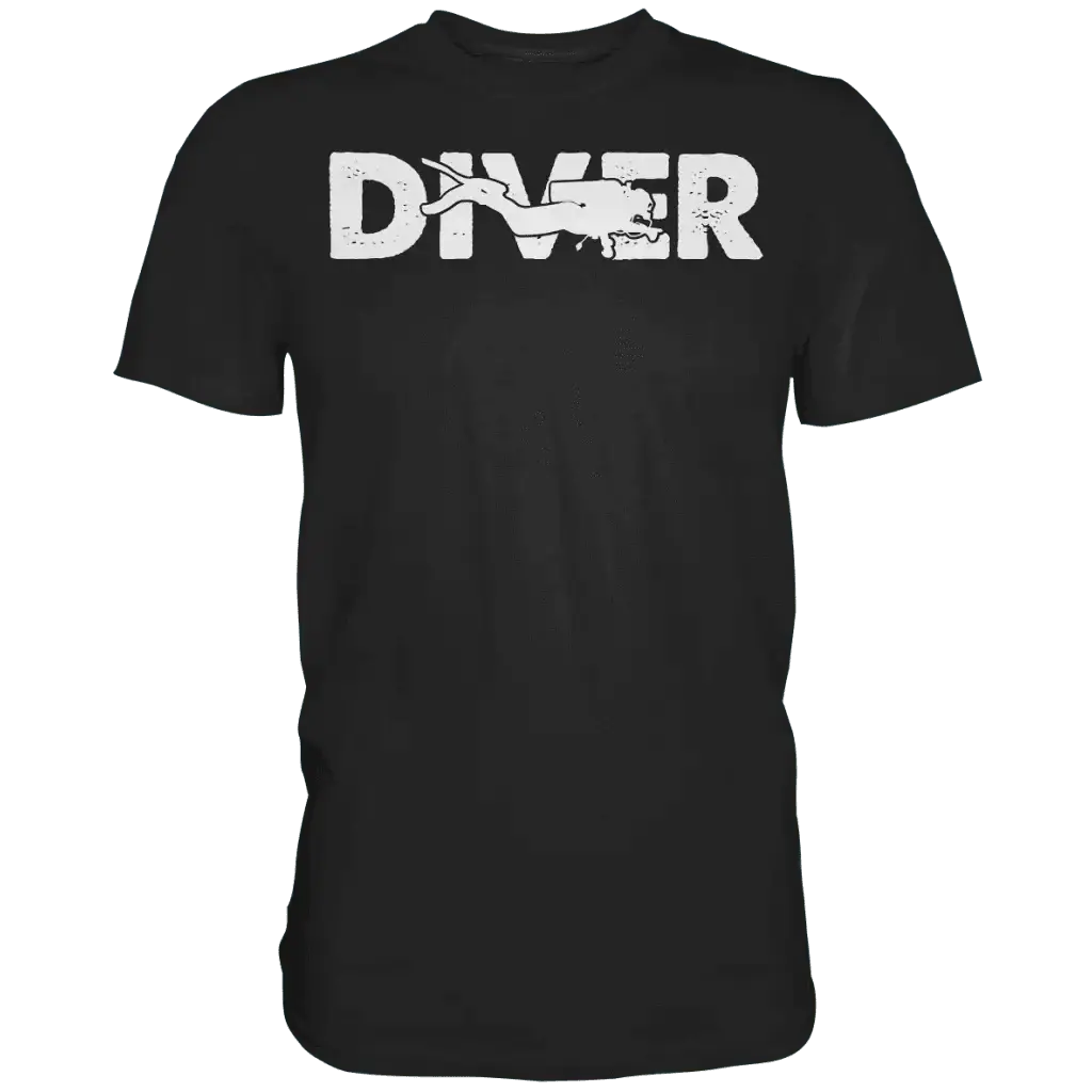 Diver Taucher Premium Shirt, 100% cotton, medium fit, black with white diver graphic.