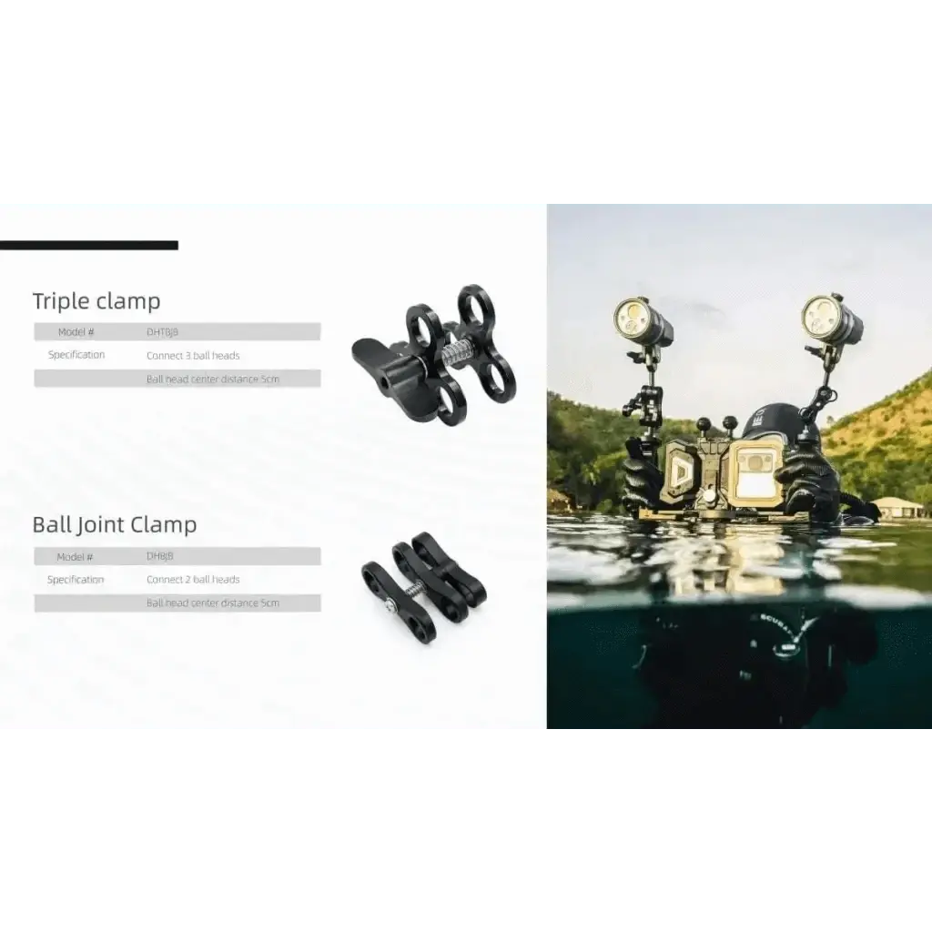 Divevolk Ball Joint Clamp for connecting ball heads in underwater photography.