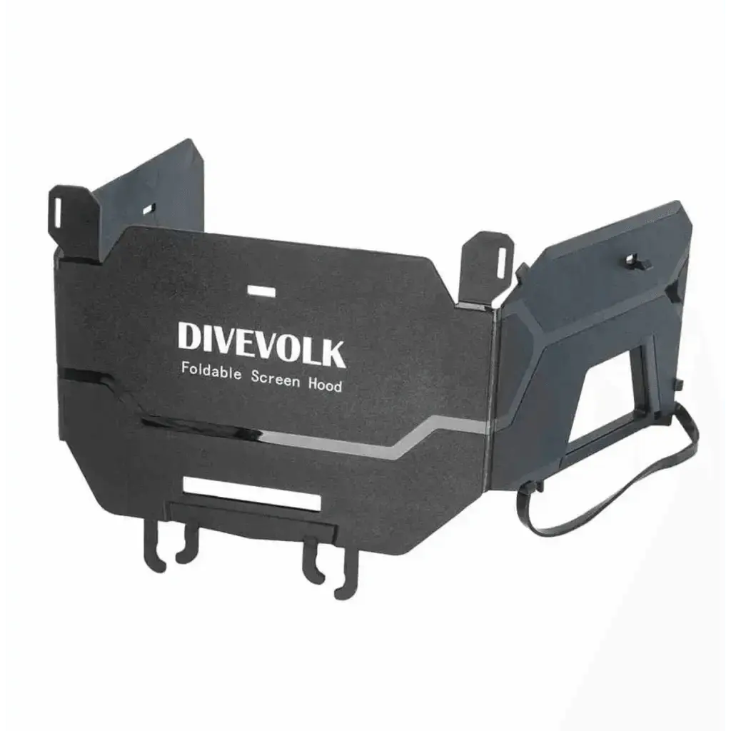 Divevolk foldable sunshade for watersports, compact design, travel-friendly size 18x15x3cm.