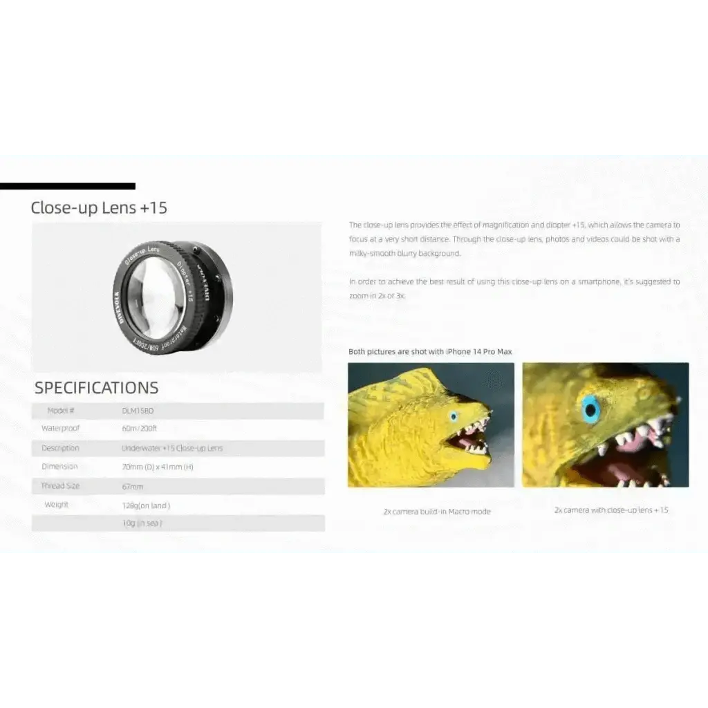 Divevolk Macro Lens +15 with 67mm thread, underwater close-up lens for Seatouch 4 Max, waterproof 60m, polycarbonate and aluminum construction.