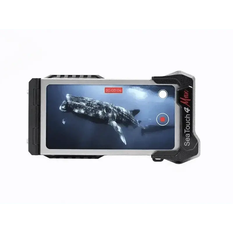 DiveVolk SeaTouch 4 Max underwater smartphone housing displaying a marine scene on screen.