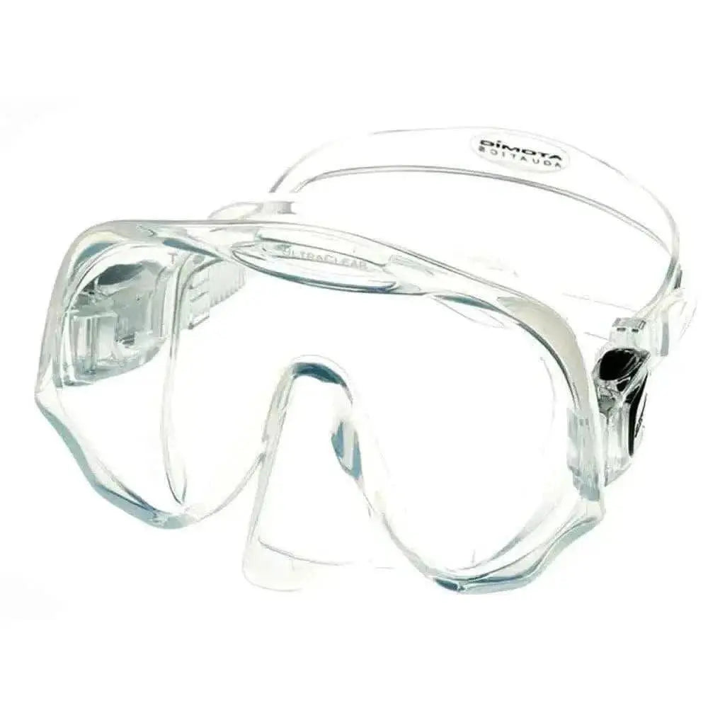 Frameless mask with clear lens for wide vision and comfort.