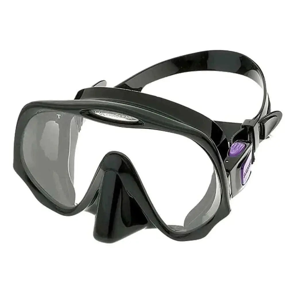 Frameless mask with black and purple design, offering wide vision and comfort.