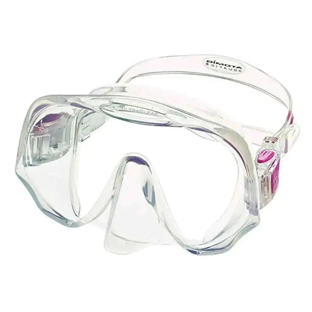Frameless mask with clear and pink design, wide field of vision, medium fit.