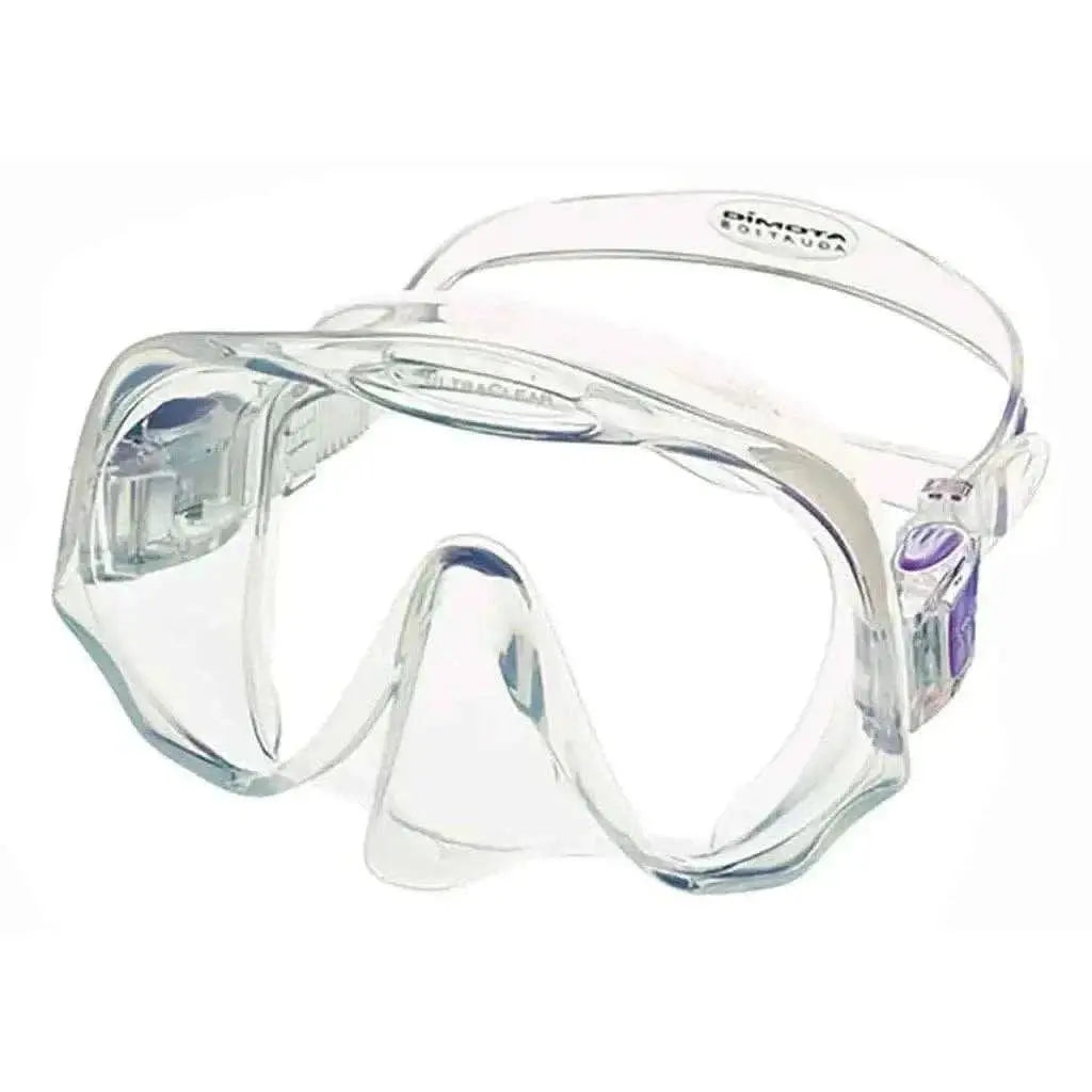 Frameless Mask Medium Fit, Clear with Purple accents, designed for wide vision and comfort.