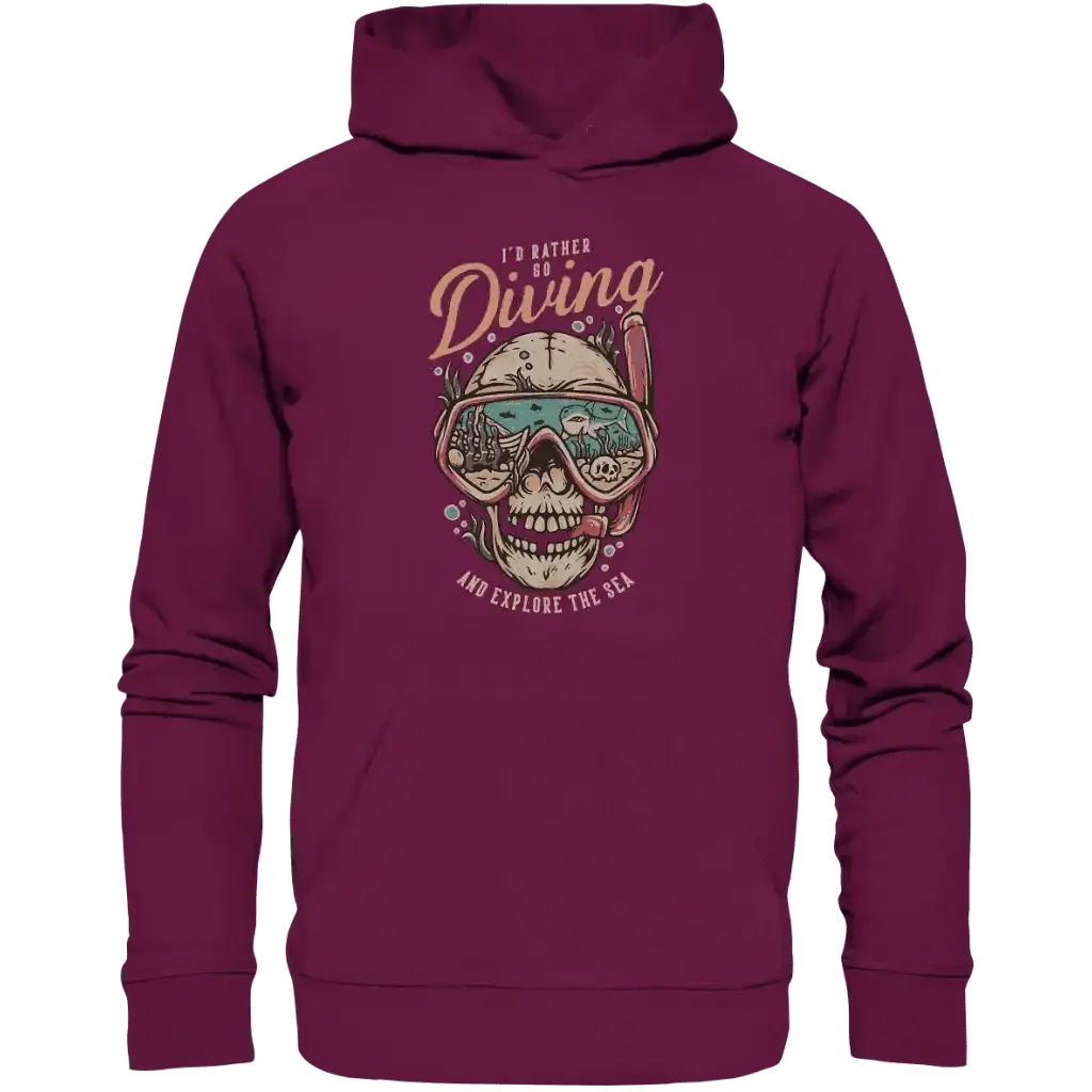 Premium unisex hoodie with "I'd rather go diving" design, featuring elastic cuffs and double-layered hood.