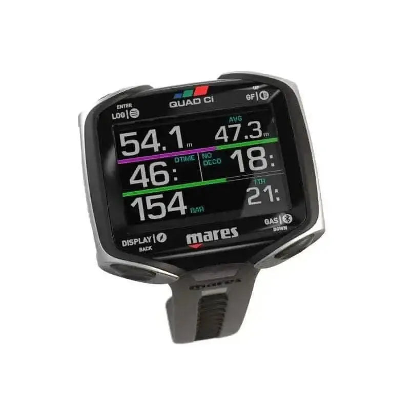 Mares Quad CI dive computer set with transmitter, high-resolution display, digital compass, and Bluetooth integration.