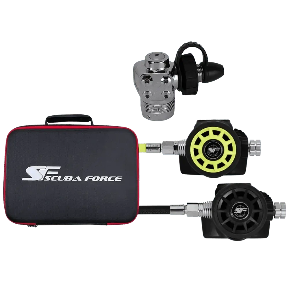 Scubaforce Atemregler Set Recreational III with Black Devil stages, Scubaflex hoses, and protection bag for diving.