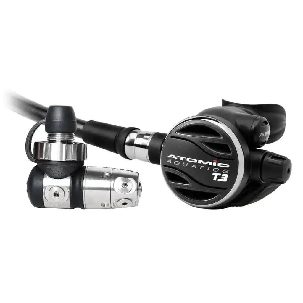 T3 DIN Sealed Black Atomic Aquatics regulator, lightweight and durable for travel.