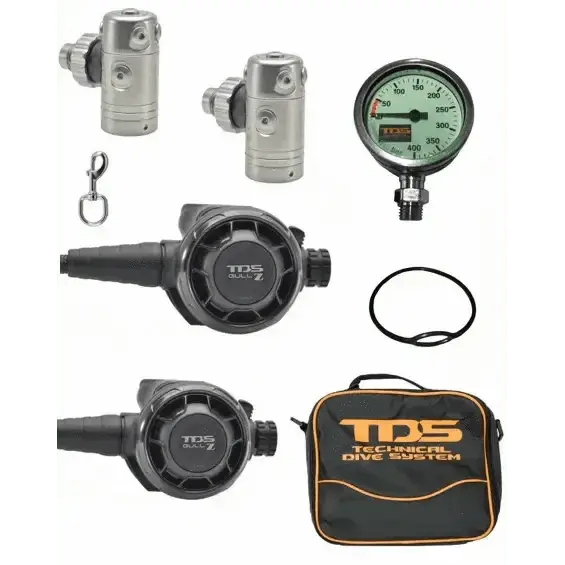 TDS Atemregler Doppelflaschen-Set Gull Z Black with components including first and second stage regulators, finimeter, hoses, and accessories.