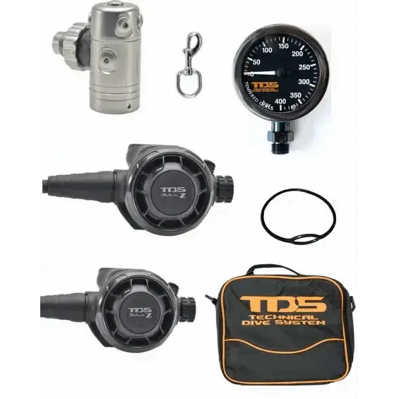 TDS Atemregler Einzelflaschen-Set Gull Z Black with gauges and accessories displayed.