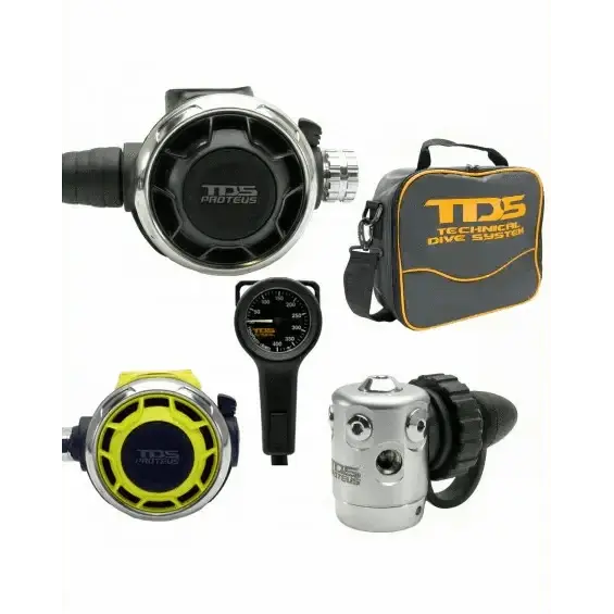 TDS Set - Atemregler Proteus with finimeter, octopus, and bag, marine brass construction.