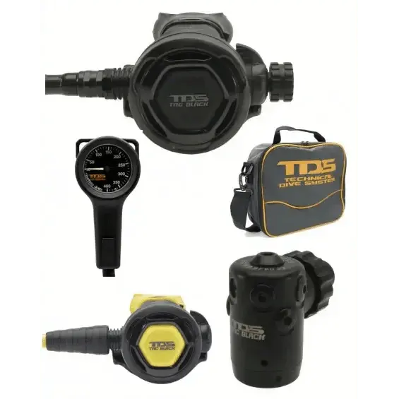 TDS Set Atemregler Tac Black with finimeter, octopus, and regulator bag.