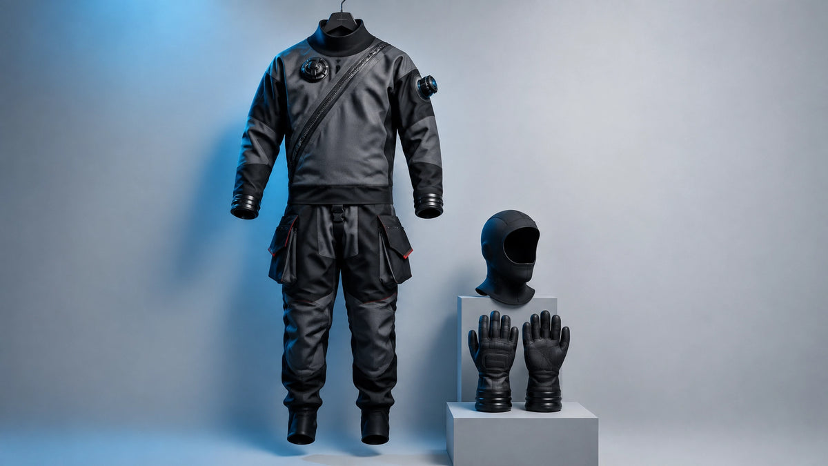 Schwarzer Trilaminat-Trockentauchanzug mit Ventilen und Tauchzubehör vor neutralem Hintergrund