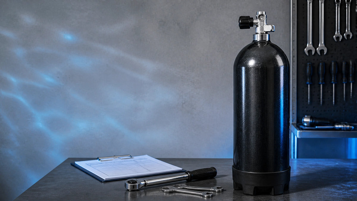 Schwarze Tauchflasche mit Ventil auf einer sauberen Prüfwerkbank