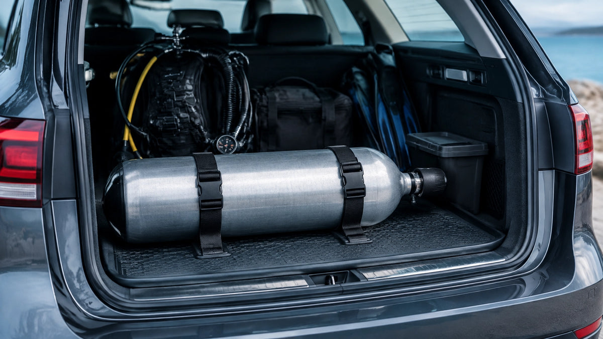Eine sicher mit Spanngurten fixierte Tauchflasche im Kofferraum eines Autos