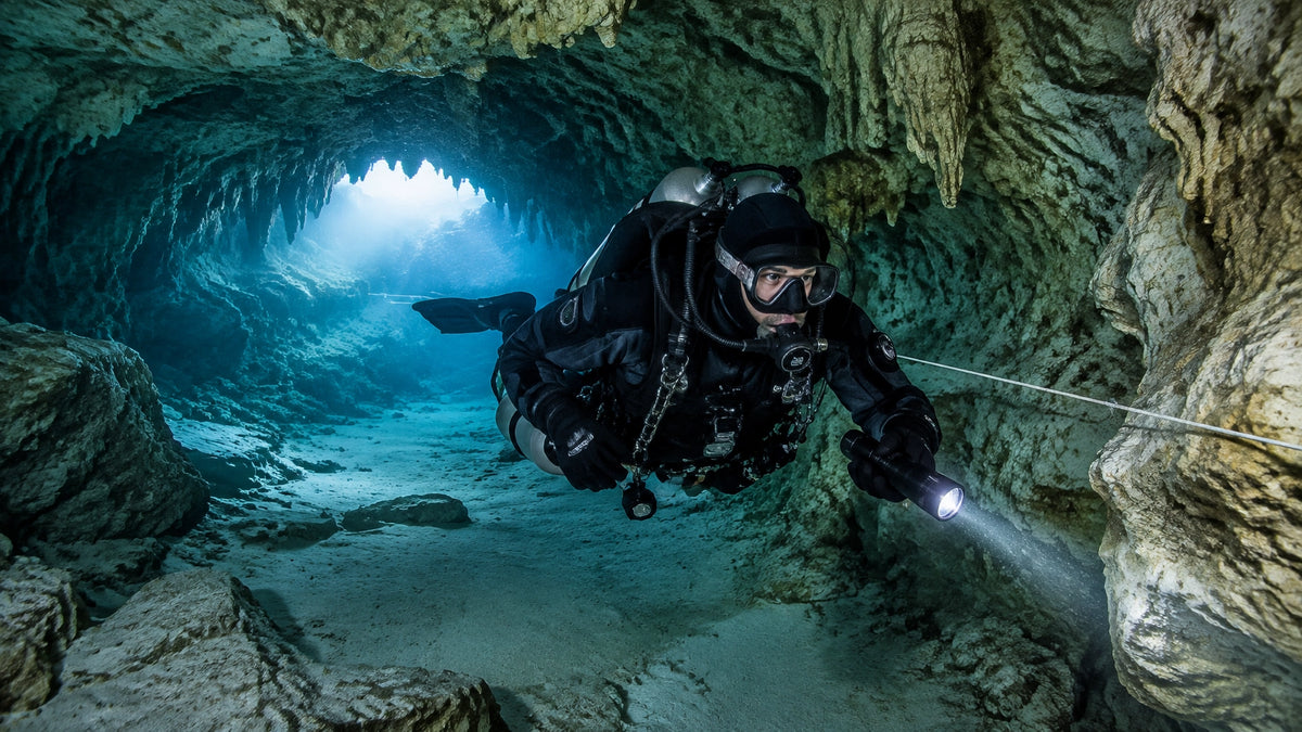 Technischer Taucher mit Doppelflaschen folgt einer Führungsleine in einer weiten Höhle