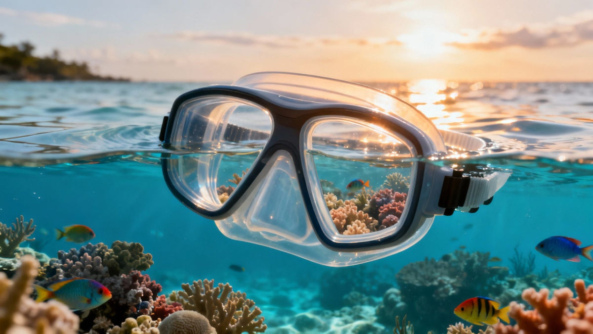 Schwarze Tauchmaske in einer Unterwasserszene mit klarem Blick auf die Umgebung