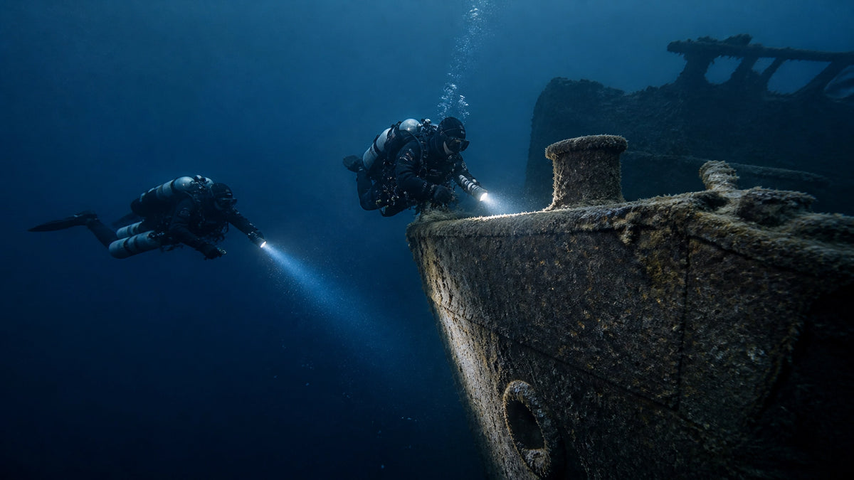 Zwei technische Taucher erkunden den Bug eines historischen Schiffswracks im tiefen, kalten Wasser