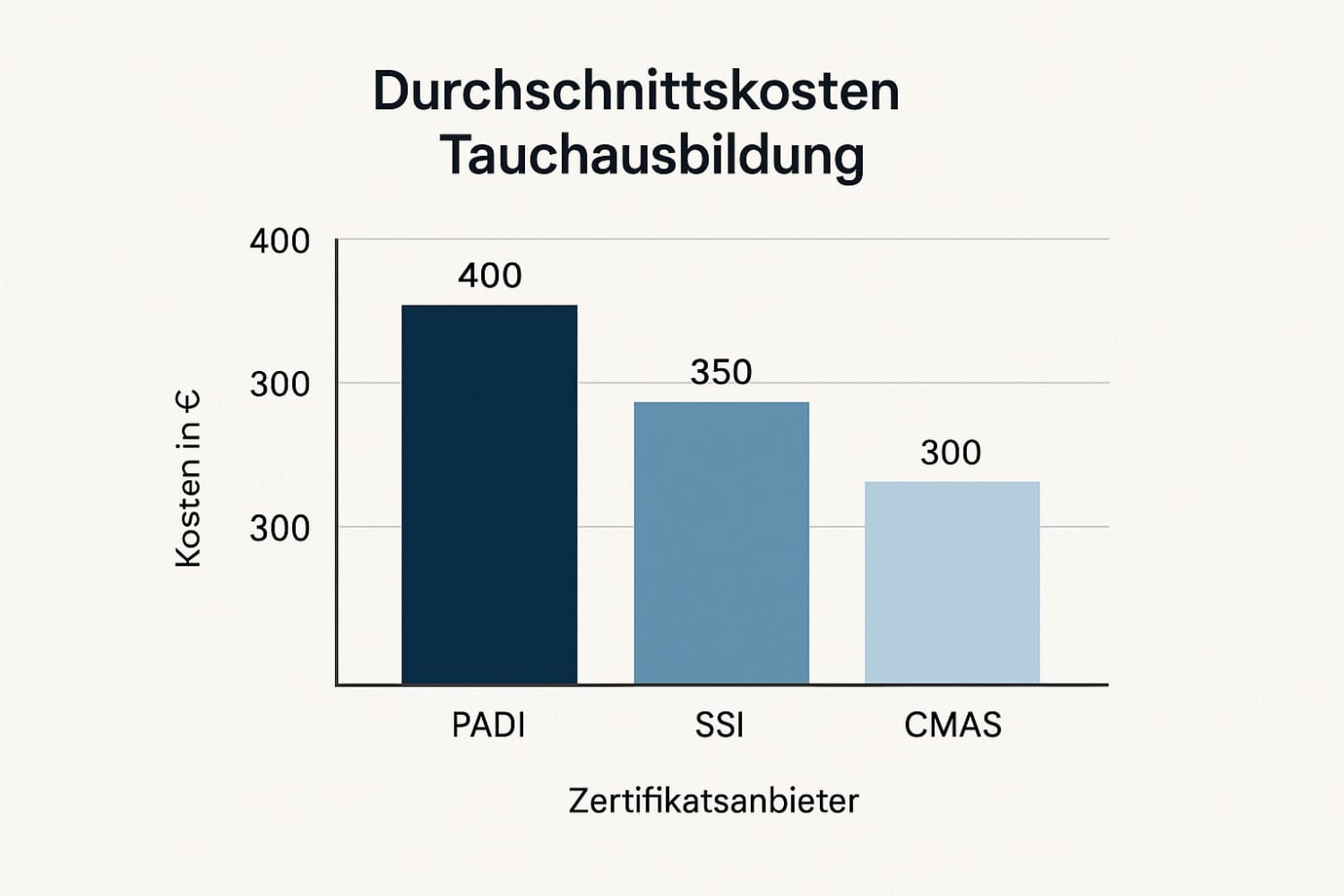Infografik mit den Durchschnittskosten für eine Tauchausbildung bei den Anbietern PADI, SSI und CMAS.