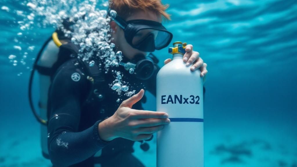Gruppe von Tauchern, die sich darauf vorbereiten, mit Nitrox-Flaschen ins Wasser zu gehen