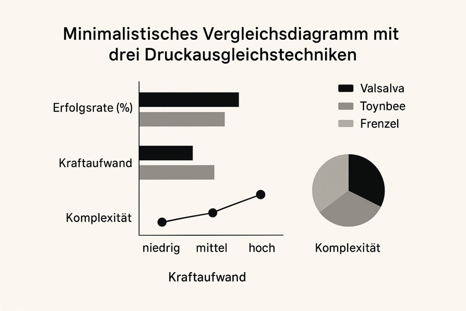 Infografik, die die Druckausgleichstechniken Valsalva, Toynbee und Frenzel nach Erfolgsrate, Kraftaufwand und Komplexität vergleicht.