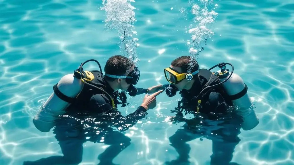 Zwei Taucher beim Buddy Check unter Wasser