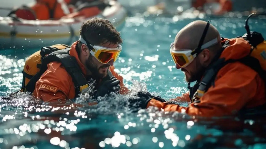 Zwei Taucher unter Wasser, die auf ihre Tauchcomputer schauen