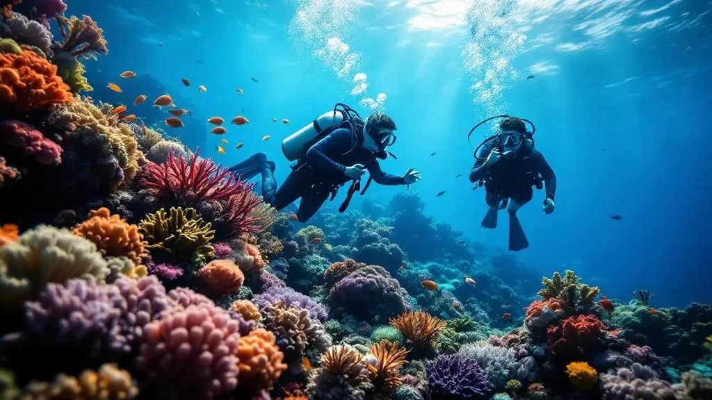 Blick auf ein lebendiges Korallenriff mit vielen Fischen, was die Vorteile von längeren Tauchzeiten durch Nitrox illustriert