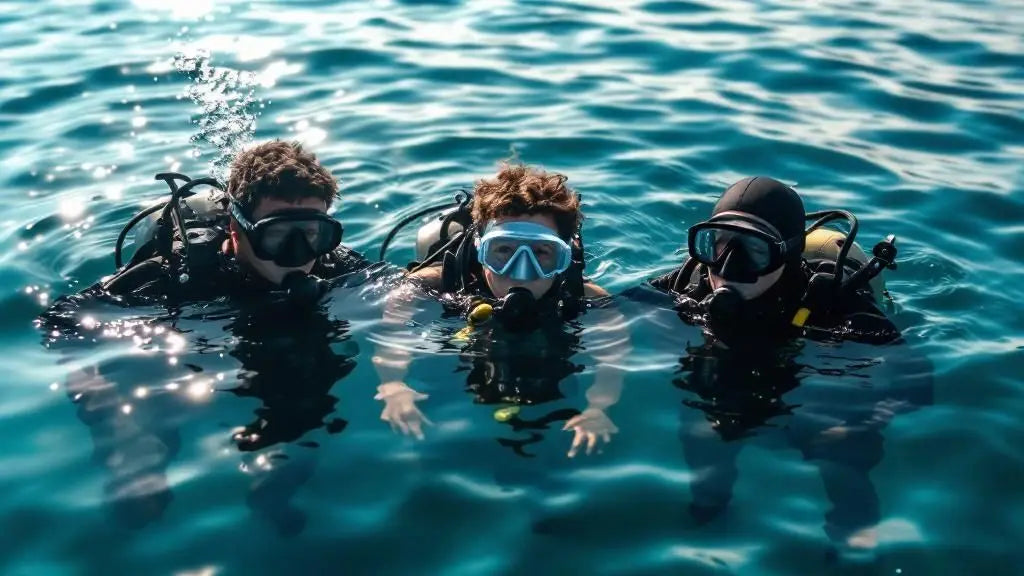 Zwei Taucher unter Wasser, die auf eine Schildkröte zeigen.