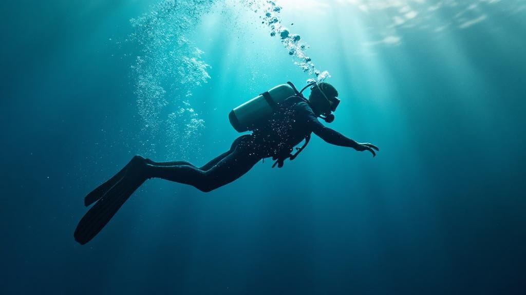 Ein Taucher trainiert seine Tarierungsfähigkeiten, indem er durch einen Unterwasserreifen schwebt.
