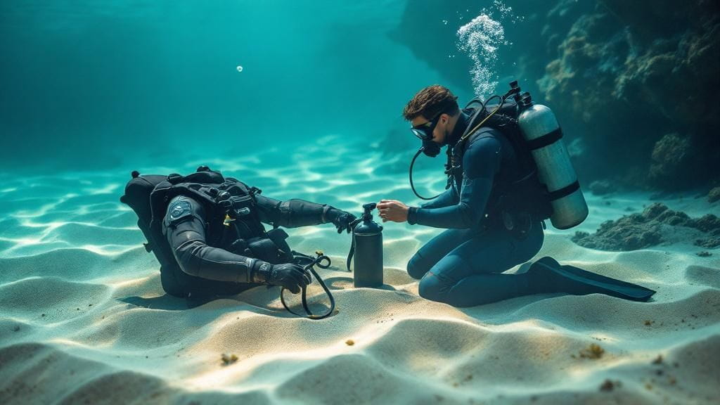 Ein Taucher schwebt horizontal im Wasser, was eine perfekte Tarierung und Ausrüstungskonfiguration zeigt.