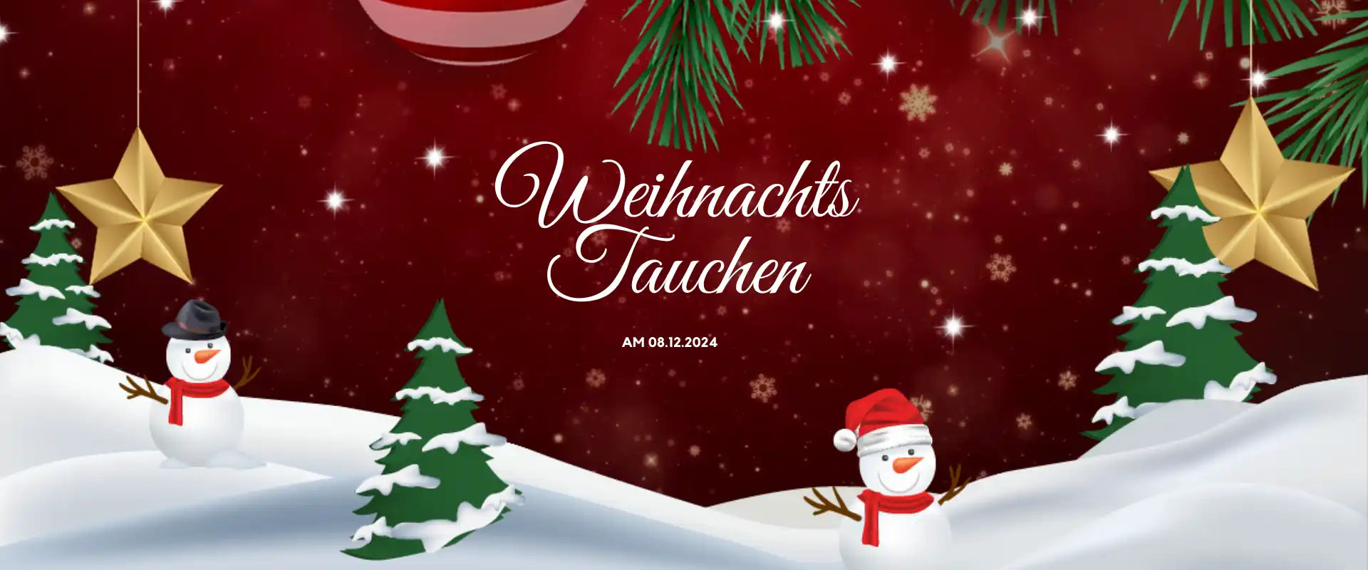 Ein festliches Weihnachtsbanner mit deutschem Text ’Weihnachts Tauchen’ und Schneemännern sowie goldenen Sternen.